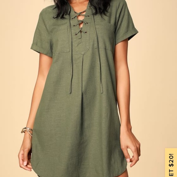 Lulu’s Lace Up Olive Shift Dress - Picture 1 of 5